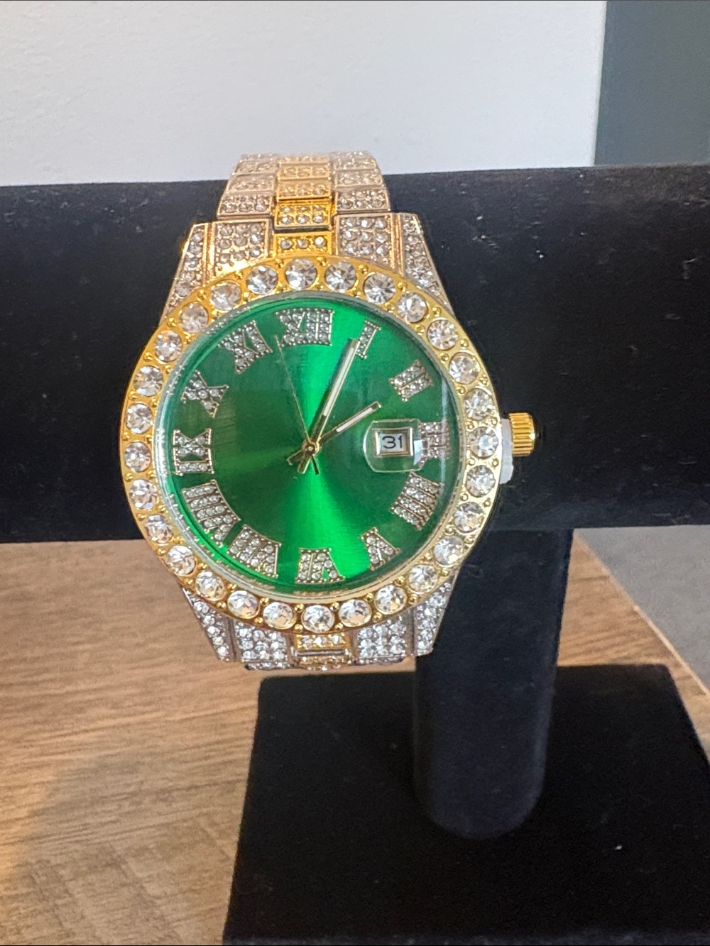 Gold-Tone Men's Watch with Green Dial and Crystal Accents